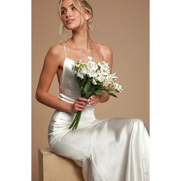 Lulus Dresses & Skirts - Lulu's Maxi Slip Dress Size Medium M Cream Satin Cowl Neck Wedding Bridesmaid